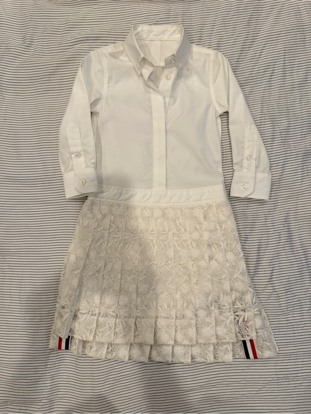 Thom Browne White Lace Pleated Dress with Button-Down Top